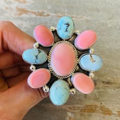 Navajo Signed Sterling Silver Pink Conch & Golden Hills Turquoise Cluster Ring! Condition: Brand New, Handmade! Stamped Sterling And Signed Ad! So Freakin Cute! See Photos! Retail $780! Size: Adjustable (Currently Set To 9 1/2, Let Me Know What Size You Need) 2 1/4” H X 2” W! This Is Only For One Ring, The Other Items Are Up Separately! I Have Multiple Native American, Navajo, Zuni, Taxco, Antique, Vintage, And Other Designer Items If You Want To Check Out My Other Listings! Sorry, No Trades! Sa Real Turquoise Jewelry Native American, Bohemian Turquoise Concho Ring, Handmade Pink Southwestern Jewelry, Southwestern Concho Jewelry, Artisan Concho Jewelry, Golden Hills Turquoise, Pink Jewerly, Turquoise Jewelry Rings, Vintage Turquoise Jewelry