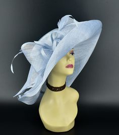 "✿*.Key Features.*✿ This is a floopy wide brim hat with big bows, two long sinamay ribbons and supper long trimmed feathers. You can wear it directly or add some accents you want, very stunning and beautiful hat. Great for Kentucky derby, weddings, church, Easter, Royal Ascot, horse races, cocktails, tea party, or any hat wearing occasion. Hat base size: From front to back around : 21\" (53cm) From left to right around : 21\" (53cm) Brim size appr:6-7.5\" Crown Deep: 4.5\" Head girth: 22.5(57cm) Spring Church Hat With High Crown, Blue Straw Hat For Summer Parties, Elegant Blue Fedora With Short Brim, Blue Chic Straw Hat With Curved Brim, Chic Blue Straw Hat With Curved Brim, Summer Wedding Cloche Hat With Flat Brim, Elegant Blue Straw Hat For Beach, High Crown Hats For Spring Evenings, Elegant High Crown Fedora For Kentucky Derby