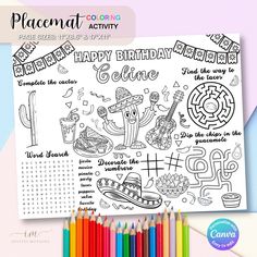 the happy birthday coloring page is shown with colored pencils next to it and an image of