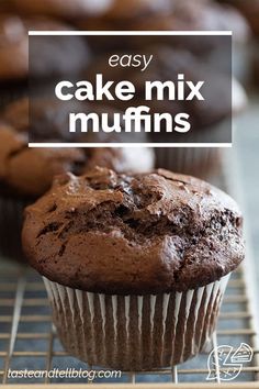 chocolate muffins cooling on a rack with text overlay reading easy cake mix muffins