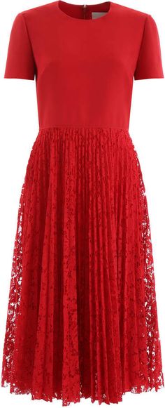 Valentino Midi Dress With Lace Skirt Dress With Lace, Red Formal Dress, Lace Skirt, Lace Dress, Round Neck, Short Sleeve Dresses, Midi Dress, Couture, Formal Dresses