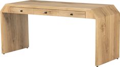 a wooden desk with two drawers on one side and an open drawer on the other