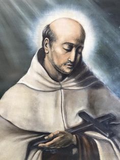 a painting of a man with a cross in his hand and light coming from behind him