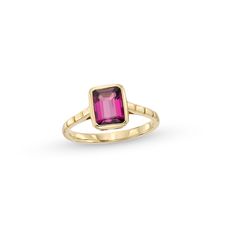 Sleek and modern, this rhodolite garnet fashion ring makes a sophisticated statement. 10K rose gold. The ring showcases a bezel-set 6.0 x 8.0mm rhodolite garnet center stone. Grooved detailing lines the slender shank. Elegant Faceted Tourmaline Ring, Elegant Tourmaline Birthstone Ring With Bezel Setting, Multi Stone Rings, Champagne Sapphire, Rhodolite Garnet Ring, Pink Garnet, Ring Inspiration, Garnet Ring, Rhodolite Garnet