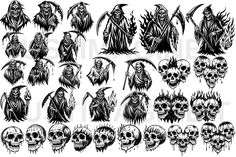 a bunch of skulls with different faces and haircuts, all in black and white