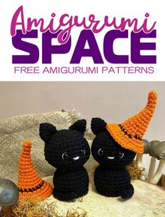 two crocheted black cats with orange hats on their heads sitting next to each other