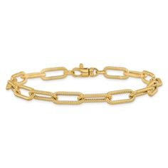 14K yellow gold 8.5-inch oval link chain bracelet with textured and polished finish. Measures approximately 1/4"W and secures with lobster closure. Classic Oval Bracelets With Paperclip Chain, Elegant Gold Bracelet With Cable Chain In Oval Shape, Classic Oval Paperclip Chain Bracelets, Elegant Oval Gold Cable Chain Bracelet, Elegant Oval Gold Bracelet With Cable Chain, Classic Oval Cable Chain Paperclip Bracelet, Classic Oval Paperclip Bracelet With Cable Chain, Classic Yellow Gold Oval Paperclip Bracelet, Classic Oval Yellow Gold Paperclip Bracelet