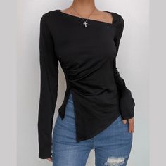 Please refer to our sizing chart for a guideline when choosing a size. 5 business days order processing time. 90% polyester 10% spandex. Asymmetrical Long Sleeve Top, Asymmetrical Shirt Outfit, Black Top Outfit Casual, Different Types Of Tops, Bodysuits And Jeans, Long Halter Dress, Formal Tops, Business Shirt, Ruched Top