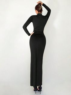 Color : Black Length : Maxi Fit Type : Slim Fit Pattern Type : Plain Fabric : High Stretch Hem Shaped : Pencil Neckline : Stand Collar Waist Line : High Waist Material : Knitted Fabric Composition : 90% Polyester, 10% Elastane Care Instructions : Hand wash, do not dry clean US Size Shoulder Bust Waist Size Hip Size Length Sleeve Length Bicep Length Cuff 2 XS 13.4 28.1 23.4 31.9 55.5 23.2 10.5 6.7 4 S 13.8 29.7 25 33.5 55.9 23.6 11 7.1 6 M 14.2 31.3 26.6 35 56.3 24 11.6 7.5 8/10 L 14.6 33.7 28.9 37.4 56.7 24.4 12.4 8.1 Stretch Long Sleeve Maxi Dress For Dinner, Fitted Long Sleeve Black Maxi Dress, Non-stretch Long Sleeve Club Dress, Long Sleeve Stretch Bodycon Dress For Dinner, Non-stretch Long Sleeve Maxi Dress For Evening, Elegant Fitted Long Sleeve Dress For Club, Elegant Long Sleeve Club Dresses, Winter Long Sleeve Bodycon Dress For Dinner, Black Stretch Long Sleeve Formal Dress