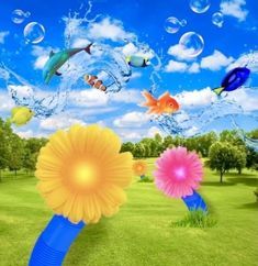 a bunch of different types of flowers and fish in the air with bubbles coming out of them