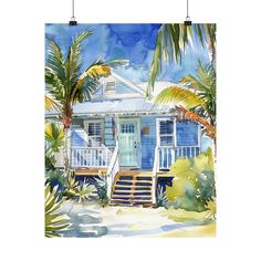 a watercolor painting of a blue house with palm trees in the foreground and stairs leading up to it