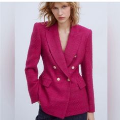 Zara Texture Weave Classic Got Gold Buttoms Pink Blazer Elegant Pink Zara Outerwear, Zara Luxury Blazer For Fall, Luxury Pink Double-breasted Blazer, Silk Bralette, Zara Spain, Zara Blazer, Woven Jacket, Slingback Shoes, Pink Blazer