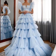 Ruffled Long Tulle Cake A Line Sleeveless Tiered Prom Dress Prom Dress Tiered, Gown Sleeves, Blue Tulle Dress, Tiered Prom Dress, A Line Prom Dress