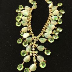 Absolutely Stunning Vintage Frosted Green Beads With Sparkling Green Rhinestone Necklace. This Necklace Is In Excellent Condition! Comes Lovely Gifted Wrapped. Green Beaded Evening Jewelry, Elegant Beaded Necklaces With Stones For Party, Elegant Party Beaded Necklaces With Stones, Elegant Crystal Beaded Necklaces With Stones, Green Jeweled Crystal Rhinestone Necklace, Green Jeweled Rhinestone Crystal Necklace, Elegant Jeweled Beaded Necklaces With Round Beads, Elegant Green Rhinestone Necklace With Sparkling Stones, Jeweled Crystal Beaded Costume Necklace