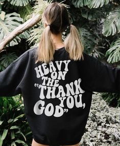 "❤️ Heavy on the \"Thank you, God\" oversized sweatshirt ❤️ Retro 70's bubble font ❤️ Sure to become your new favorite sweatshirt! ❤️ Super-soft & cozy sweatshirt with a vintage look and feel ❤️To ensure sizing, refer to size chart in photos and compare measurements to those of a sweatshirt you already own that fits well. ❤️ Cotton/poly blend. ❤️ Non-toxic, eco-friendly, water-based inks safer for you & the environment" Fall Band Merch Sweatshirt With Text Print, Oversized Vintage Sweater With Letter Print, Oversized Crew Sweater With Letter Print, Vintage Oversized Tops With Lettering, Vintage Oversized Top With Lettering, Winter Oversized Slogan T-shirt, Oversized Winter Slogan T-shirt, Retro Sweatshirt With Letter Print And Relaxed Fit, Retro Sweatshirt With Letter Print In Relaxed Fit