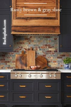 a stove top oven sitting inside of a kitchen next to wooden counter tops and cabinets