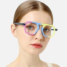 Elevate your everyday look with our designer eyewear, meticulously crafted from acetate material. The exquisite multi-color design and matte finish exude an artistic and sophisticated vibe, perfect for adding a touch of creativity to your ensemble.Weight: 26.4 gFrame Shape: Aviator, GeometricFrame Color: Blue, Purple, YellowFrame Material: AcetateRim Type: Full RimSpring Hinge: NoAdjustable Nose Pads: NoLens Width: 49 mmBridge Width: 22 mmTemple Length: 145 mmFrame Width: 143 mmLens Height: 42 mm Blue Gradient Lens Sunglasses In Acetate, Blue Acetate Sunglasses With Gradient Lenses, Modern Blue Acetate Sunglasses, Modern Multicolor Sunglasses With Uva Protection, Modern Multicolor Sunglasses With Tinted Lenses, Modern Multicolor Polarized Sunglasses, Modern Multicolor Tinted Sunglasses, Modern Blue Plastic Sunglasses, Multicolor Anti-reflective Plastic Sunglasses