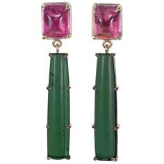 Handmade cabochon reddish pink and bright green tourmaline dangle earrings in 14k yellow gold. Created in the Peter Suchy Workshop. 2 rectangular cabochon pinkish red tourmalines, MI approx. 9.67cts 2 elongated rectangular green tourmalines, MI approx. 15.09cts 14k yellow gold Stamped: 585 10.2 grams Top to bottom: 46.7mm or 1 3/16 Inch Width: 8.8mm or 1/3 Inch Depth or thickness: 8.98mm Red Tourmaline, Pinkish Red, Gold Dangle Earrings, Diamond Collection, Diamond Dangle Earrings, Antique Earrings, Gold Earrings Dangle, Green Tourmaline, Pearl Drop Earrings