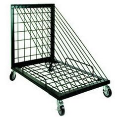 a black metal cart with wheels on it