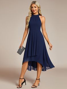 This sleeveless halterneck chiffon wedding guest dress exudes effortless glamor and elegance with an A-line silhouette and intricate pleat detailing. Navy Wedding Guest Dress Summer, Fitted Sleeveless Solid Chiffon Dress, Chiffon Sleeveless Halter Dress For Party, Sleeveless Chiffon Halter Dress For Evening, Sleeveless Chiffon Halter Dress For Party, Flowy Sleeveless Chiffon Dress For Banquet, Sleeveless Chiffon Dress For Wedding Guest, Elegant Chiffon Halter Dress For Summer, Elegant Sleeveless Chiffon Halter Dress