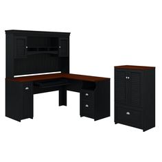 a computer desk with a hutch and two drawers on each side, both in black