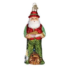 a glass ornament with a gnome holding a potted plant