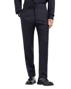 Emporio Armani Straight Leg Tuxedo Trousers Designer Fitted Straight Bottoms, Elegant Blue Pants With Straight Hem, Designer Fitted Formal Pants, Designer Fitted Formal Bottoms, Designer Fitted Straight Pants, Designer Fitted Bottoms For Formal Occasions, Elegant Slim Fit Blue Pants, Elegant Blue Bottoms For Formal Occasions, Elegant Blue Bottoms For Semi-formal Occasions