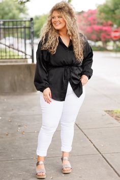 This blouse was made for the weekend! We love the gorgeous black color and sweet waist tie! The fabulous, flirty fit is perfect for pairing with all of your faves all season long! Style this blouse with distressed skinnies and cute accessories for a classy chic look! 100% Polyester Chic Tie Waist Top For Night Out, Cute Accessories, Chic Look, Classy Chic, Long Style, Model Fits, Blouse Black, Affordable Fashion, Black Blouse