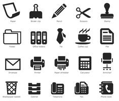 black and white office icons on a white background