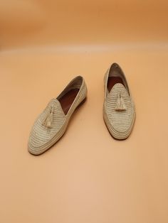 Welcome to our handmade art raffia shoes gallery for women and men made with love and patience to give the best experience you will wear . Note  : Each shoes takes 1.5 days to make no machine use. *Handmade in Morocco *Upper: 100% Raffia *Sole is made of leather SIZES :  Sizes start from EURO 40 (Male US 7-7.5) to EURO 46 (Male US 12). In order to be precise on the size please do the following: On a piece of white paper, make a sketch of your foot. Measure from the heel to the big toe diagonally in centimeters and send me the number. See 4th image for details. CHART SIZES For Men: EUUK USAUFoot Size: 3533.5321.6cm8.5 inches 3644.5422.2cm8.75 inches 374.554.522.8cm9 inches 385.565.524.1cm9.5 inches 396.576.524.7cm9.75 inches 4077.5725.4cm10 inches 417.587.526cm10.25 inches 4288.5826.6cm10.5 Elegant Summer Tassel Loafers Slip-on, Beige Slip-on Moccasins For Summer, Summer Beige Slip-on Moccasins, Beige Loafers With Woven Sole For Summer, Casual Natural Loafers For Summer, Summer Brown Loafers With Woven Sole, Elegant Summer Slip-on Tassel Loafers, Galas Slip-on Loafers With Woven Sole, Elegant Summer Moccasins With Rubber Sole