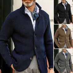 Men's Single Breasted Knit Cardigan Casual Stand Collar Slim Fit Sweater Jacket Blazer Casual, Leggings Hoodie, Mode Casual, Blue Khakis, Casual Cardigans, Mens Cardigan, Pull Sweat, Knitted Coat, Men's Knit