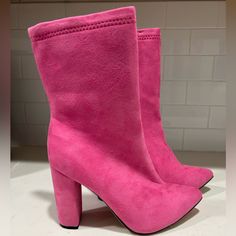 Never Worn. Thick Heel Roughly 3 1/2 Inch Pink High Heel Mid-calf Boots For Winter, Pink High Ankle Mid-calf Winter Boots, Trendy Pink Mid-calf Boots For Winter, Trendy Pink Mid-calf Winter Boots, Winter Pink Mid-calf High Ankle Boots, Pink Pointed Toe Mid-calf Winter Boots, Pink Pointed Toe Mid-calf Boots For Winter, Casual Pink Heeled Boots For Spring, Fitted Suede Mid-calf Boots For Spring