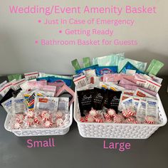 two baskets filled with candy and candies labeled wedding / event amenity basket just in case of emergency getting ready bathroom basket for guests