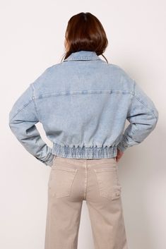 Elevate your layering collection with this denim bomber jacket by Avec Les Filles. Crafted in light-wash cotton denim with printed lining, this aviator-style silhouette features a front zip and snap closure, side pockets, and a back elastic hem. | AVEC LES FILLES Women's Denim Bomber Jacket, Size XL, Blue Trendy Collared Light Wash Denim Jacket, Spring Collared Denim Jacket, Trendy Collared Medium Wash Denim Jacket, Light Wash Collared Denim Outerwear, Light Wash Denim Collared Outerwear, Spring Light Wash Relaxed Fit Outerwear, Spring Medium Wash Denim Jacket, Light Wash Relaxed Fit Outerwear For Spring, Spring Light Wash Relaxed Outerwear