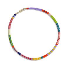 a multicolored beaded necklace on a white background