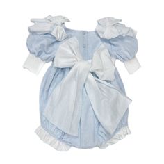 Petite Maison Kids. Made in Turkey. Baby blue linen romper with beading on bodice and adorable shoulder bows. Large tie bow in the back. Faux pearl buttons closure. Soft cotton lining. Composition: 70% Cotton, 30% Linen. Blue Fitted Bubble Romper For Spring, Fitted Blue Bubble Romper For Spring, Spring Fitted Blue Bubble Romper, Elegant Spring Bubble Romper With Ruffles, Elegant White Bubble Romper For Spring, Fitted Summer Jumpsuits And Rompers With Bow, Bubble Silhouette, Charlotte Baby, Swim Mom