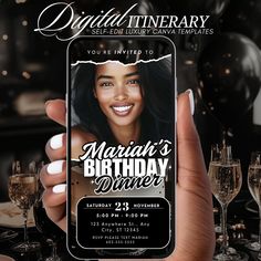 a woman holding up her birthday party flyer