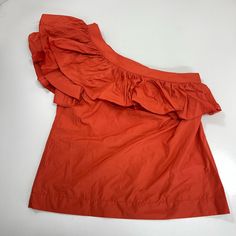 Trina Turk One Shoulder Orange Mayreau Blouse Sample Size Medium Ruffle Collar, One Should Style. Please Note: This Is A Sample Piece From A Sample Style Sale And Does Not Have A Size Zip. Fully Functional, Just Triple Check Measurements Before Purchase. Size Medium. Discounted To Reflect The Minor Differences From This Piece To The Finished Style. Never Worn. The Photo Of The White Is To Show Fit Only. I Only Have The Coral Orange Top. Shipped Fast From A Smoke Free, Pet Free Home! Feel Free To One-shoulder Cotton Top For Summer, Cotton One Shoulder Summer Top, Summer Cotton One-shoulder Top, One Shoulder Cotton Top For Summer, Fitted One-shoulder Summer Top, Orange Off-shoulder Top For Spring, Casual One-shoulder Blouse For Brunch, Orange Summer Top With Ruffles, Summer Orange Top With Ruffles