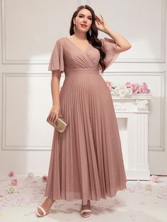 Dusty Pink Glamorous  Short Sleeve Polyester Plain A Line Embellished Slight Stretch All Weddings & Events Dust Pink Dress, Glitter Bridesmaid Dresses, Pleated Dress Long, Dusty Pink Dresses, Rose Gold Dress, Short Sleeve Wedding Dress, Plus Zise, Blush Pink Dresses, Maid Of Honour Dresses