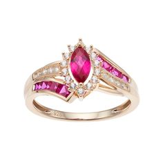 Adorned with an array of lab-created ruby and lab-created white sapphire stones, this marquise halo ring dazzles from every direction.RING DETAILS Width: 0.39 in. Metal: sterling silver Plating: 14k gold Finish: polished Packaging: boxed STONE DETAILS Stone type: lab-created ruby, lab-created white sapphire Total weight: 1 ct. Center stone weight: 3/8 ct. Center stone size: 7 mm x 3.5 mm Shape: marquise cut, square, round Setting: prong Gemstones may have been treated to enhance their appearance Marquise Cut Ruby Jewelry With Accent Stones, Marquise Ruby Jewelry With Diamond Accents, Pink Ruby Marquise Jewelry, Pink Marquise Ruby Jewelry, Marquis Engagement Rings, Bestie Wedding, Oval Halo Ring, Disney Weddings, Sapphire Stones