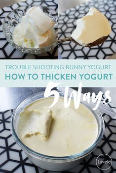 a bowl of yogurt and spoons with the words trouble shooting bunny yogurt how to thicken yogurt 5 ways