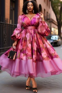 Xpluswear Design Plus Size Formal Pink V Neck Puff Sleeve Long Sleeve Midi Dresses[Pre-Order] Xpluswear Plus Size Luxury Fashion, Pink Dress Birthday Outfit, Plus Size Dresses Formal, Long Sleeve Midi Dresses, Long Sleeve Floral Maxi Dress, Ankara Dress Designs, Winter Tips, Dresses Occasion, Party Dress Classy