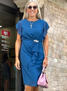 Women's Wedding Guest Cocktail Party Dress Midi Chiffon Dress Wine Blue Green Short Sleeve Solid Color Ruffle Crew Neck Evening Summer Spring Fall 2024 - $39.99 Elegant Chiffon Dress For Wedding Guest, Elegant Chiffon Wedding Guest Dress, Summer Chiffon Mother Of The Bride Dress, Elegant Blue Chiffon Dress For Wedding Guest, Blue Ruffled Evening Dress For Bridesmaids, Elegant Spring Chiffon Dress For Mother Of The Bride, Blue Chiffon Evening Dress For Wedding Guest, Sheath Chiffon Party Dress, Chiffon Sheath Dress For Party