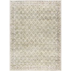 a beige and white rug with an intricate design on the bottom, in front of a white background