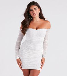 Showstopping In Rhinestone Mini Dress | Windsor Long Sleeve Hoco Dress, Gold Homecoming Dress, Rhinestone Mini Dress, Rhinestone Mini Dresses, Summer Trends Outfits, Summer Bodycon Dress, White Prom Dress, Rhinestone Embellishments, Long Midi Dress