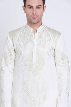 Ivory silk kurta with resham embroidery in geometric pattern and mandarin collared neckline. Paired with a pant. - Aza Fashions Resham Embroidery, Men Kurta, Adah Sharma, Diana Penty, Silk Kurta, Sara Ali Khan, Kareena Kapoor Khan, Madhuri Dixit, Luxury Sale