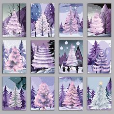 a set of nine christmas cards with snow covered trees