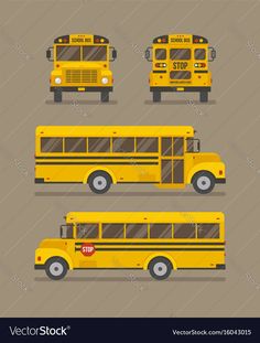 three school buses with different angles and colors on the front, back and side view