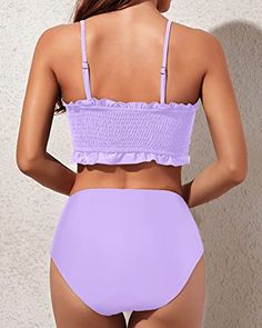 This women's two piece bandeau bikini features a smocked and ruffle bikini top with adjustable shoulder straps and a high waisted, tummy-control bottom, making it a stylish and flattering option for tropical vacations, summer, beach, swimming pool, or honeymoon.Features: Swimwear Type: two piece bikini set Style: modest, cute bathing suits Fabric: 82% nylon, 18% spandex Top Type: bandeau Neckline: off the shoulder swimwear Back Style: backless Chest Pad: removable padded Color: light purple Deco Affordable Swimsuits, Beach Swimming Pool, Tropical Vacations, Spandex Top, Beach Swimming, Cute Bathing Suits, Set Style, Cute Swimsuits, High Waist Bottoms