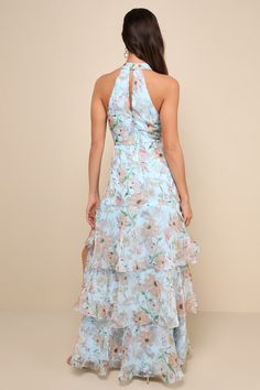 The Lulus Forever Exceptional Light Blue Floral Halter Organza Maxi Dress is ready to bring extra ethereal vibes to any daytime gala! A sweet, spring-approved floral design sweeps across airy woven organza as it shapes this stunning gown that features a sleeveless, princess-seamed bodice and a halter-style neckline that secures with button-loop closures, above a flirty keyhole cutout at the back. The high, fitted waist tops a flowy A-line skirt that boasts tiers of flouncy ruffles and a flirty s Organza Maxi Dress, Light Blue Floral Dress, Blue Floral Dress, Adhesive Bra, Stunning Gowns, Floral Blue Dress, Tiered Maxi Dress, Halter Style, A Line Skirts